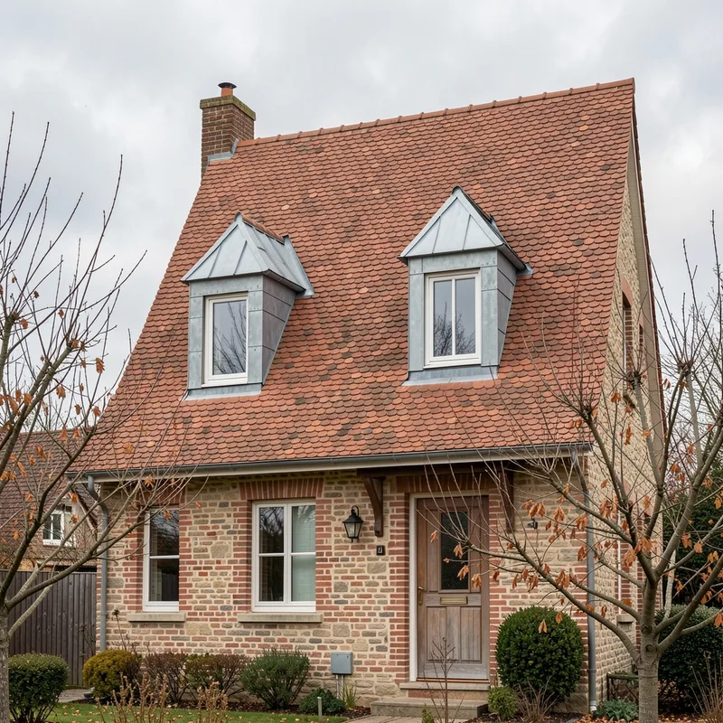 Toiture en tuile plate de terre cuite d&rsquo;une maison en meulière avec lucarnes, sous un ciel gris d&rsquo;automne