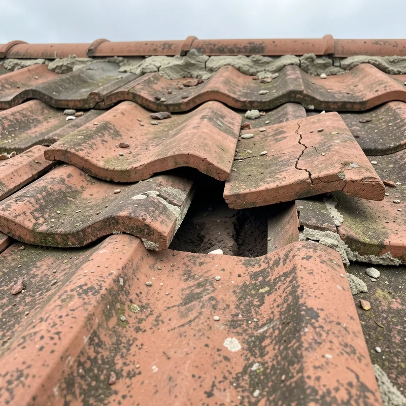 Détail de tuiles glissées et de faîtage descellé sur une toiture de pavillon francilien