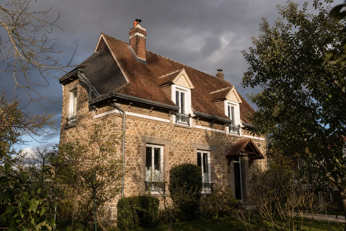 Pavillon en meulière de l’ouest francilien coiffé de tuiles plates de pays sous un ciel changeant