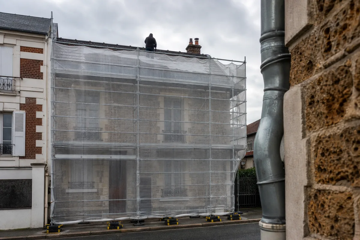 Échafaudage monté en rue étroite devant une maison de ville, bâche de protection et gouttière en zinc