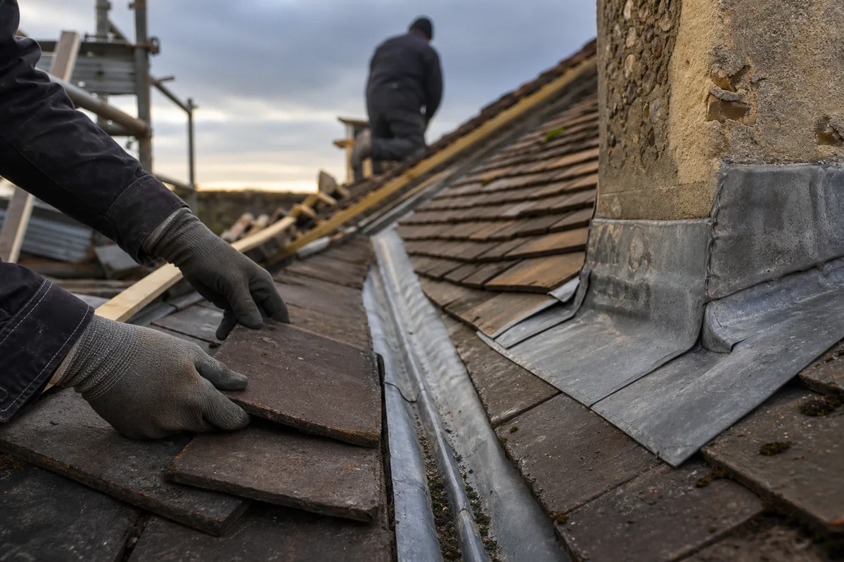 Détail d&rsquo;une noue en zinc et de tuiles plates sur une maison de meulière, mains gantées d&rsquo;un couvreur au travail
