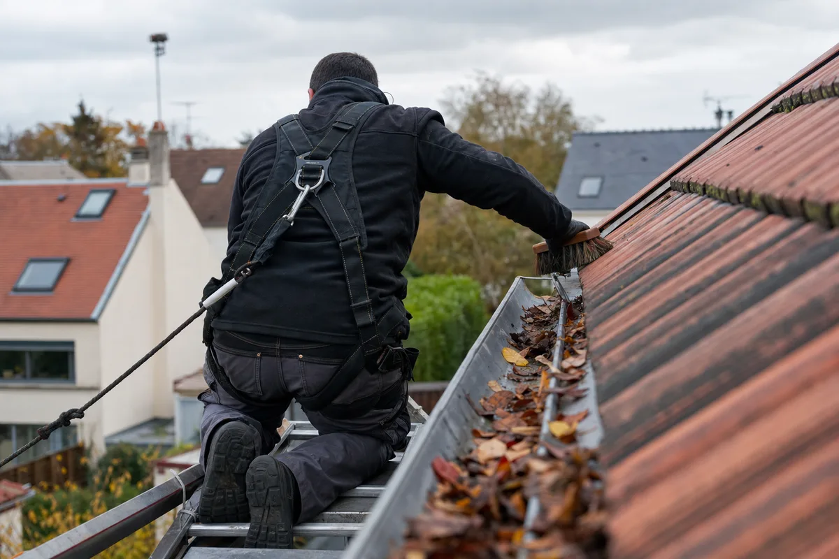 Couvreur brossant des tuiles depuis une échelle de toit, gouttière encombrée de feuilles d&rsquo;automne