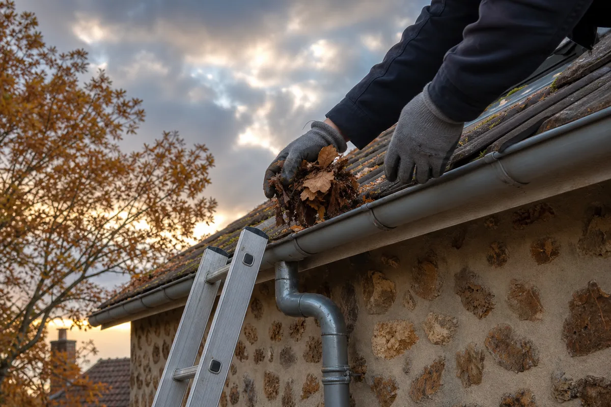 Curage des gouttières d’un pavillon francilien à l’automne, feuilles mortes et échelle de couvreur