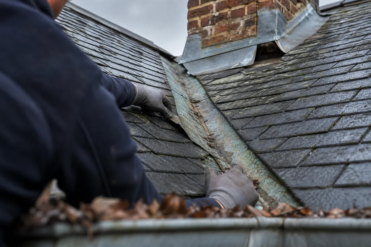Mains d&rsquo;un artisan relevant une noue en zinc corrodée sur un toit d&rsquo;ardoise sous un ciel changeant
