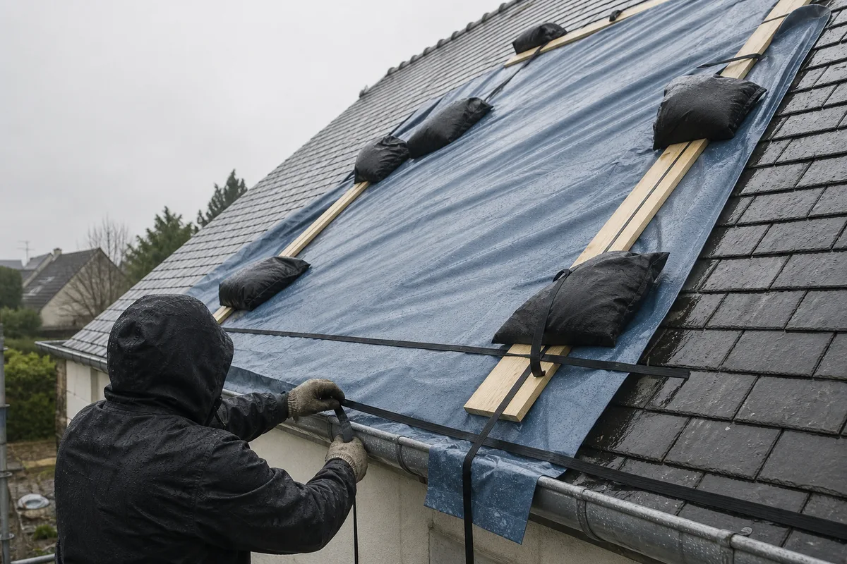 Bâche d&rsquo;urgence lestée posée sur le versant en tuiles plates d&rsquo;un pavillon francilien sous un ciel gris