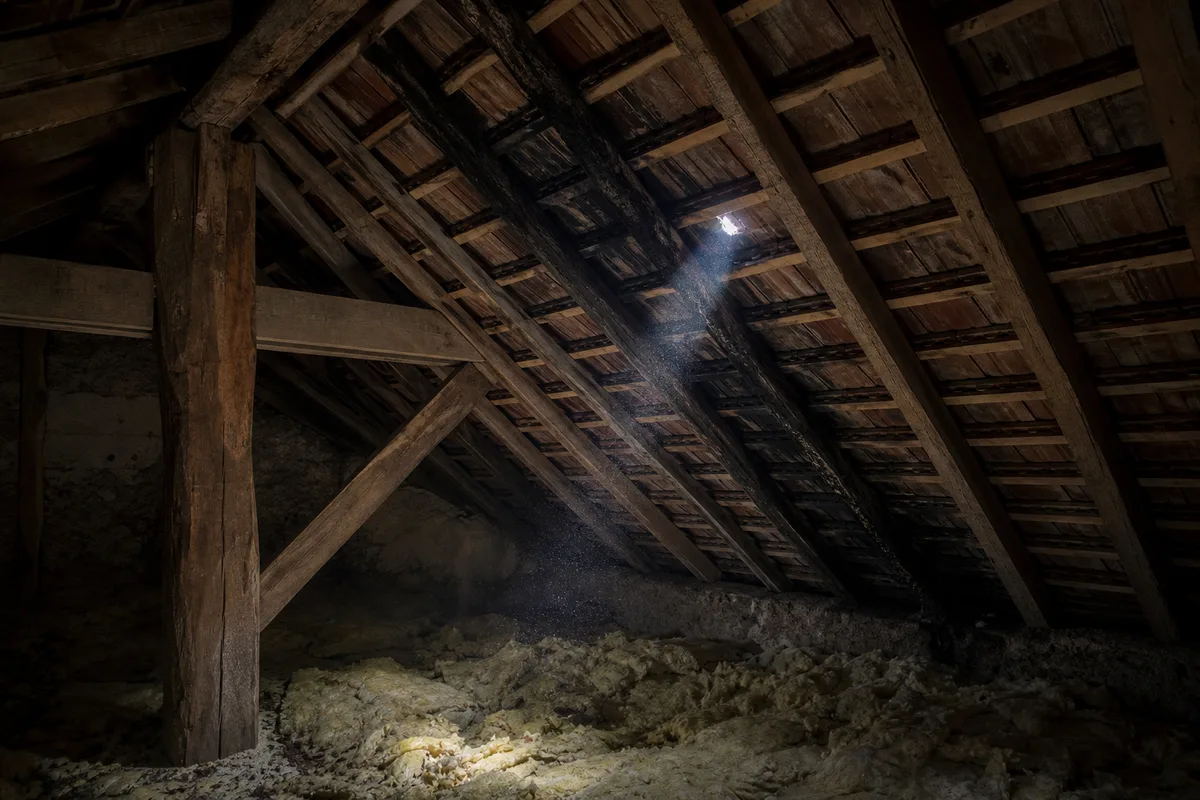 Charpente vue depuis les combles avec liteaux noircis par une ancienne infiltration sous une toiture de tuile plate