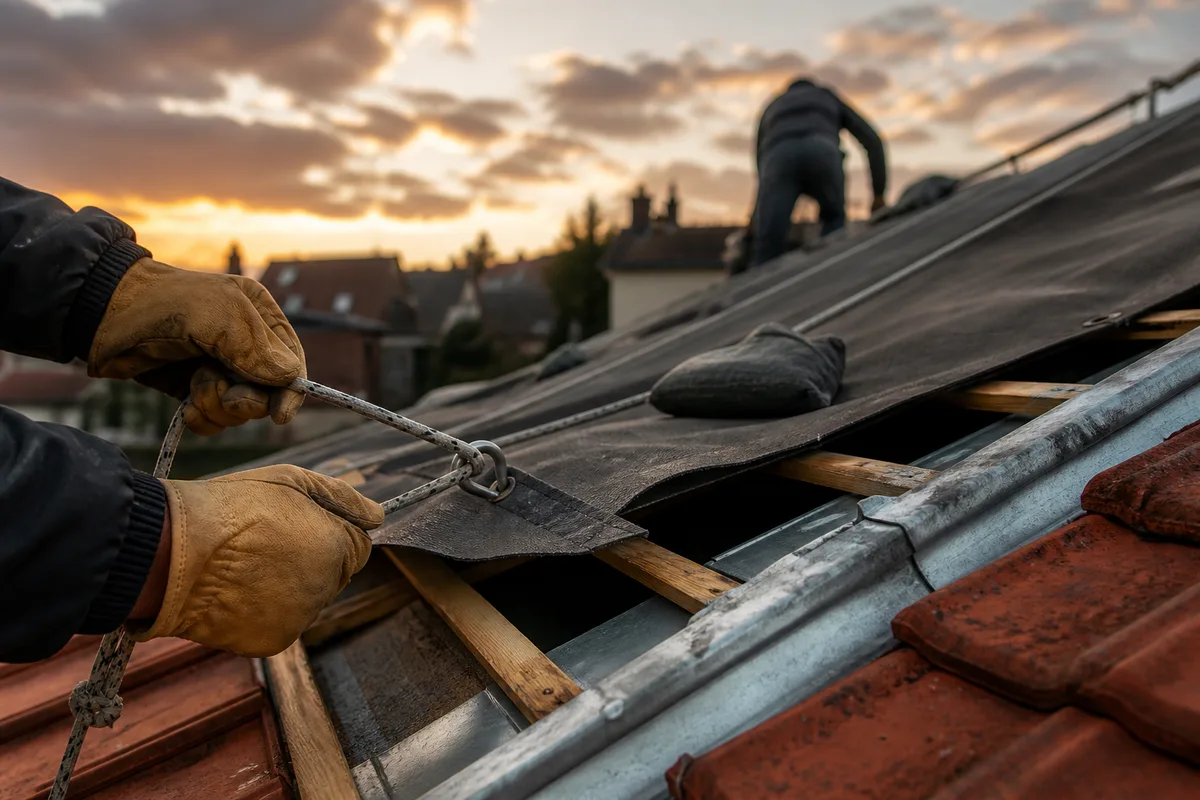 Mains gantées d&rsquo;un couvreur fixant une bâche armée sur des liteaux, tuiles mécaniques et gouttière en zinc au premier plan, lumière de fin de journée