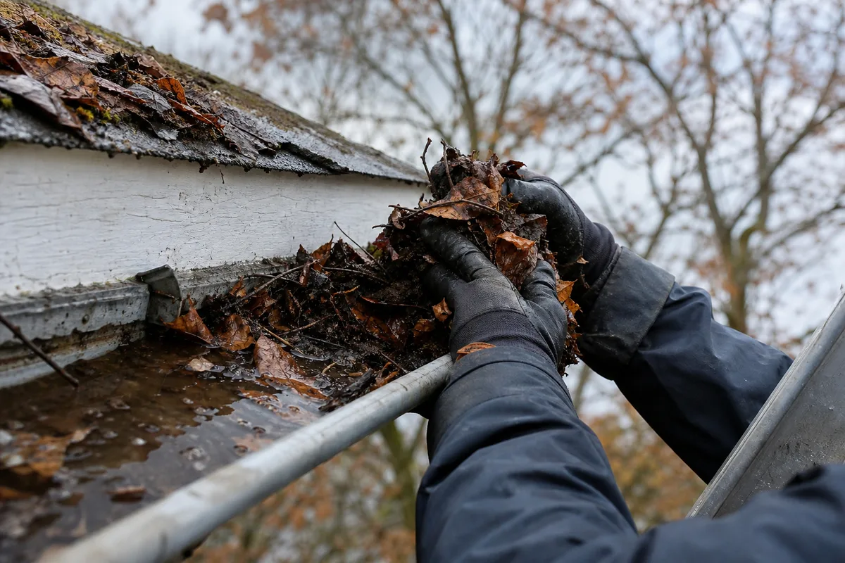 Gouttière pendante en zinc engorgée de feuilles mortes le long d&rsquo;une planche de rive